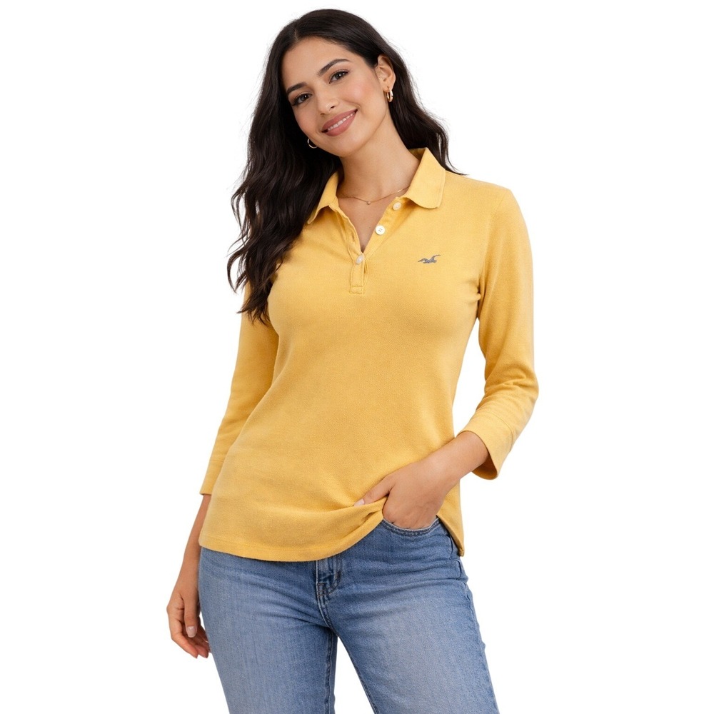 Hollister‎ Womens 3/4 Sleeve Polo Shirt Yellow Embroidered Logo Size L Y2K